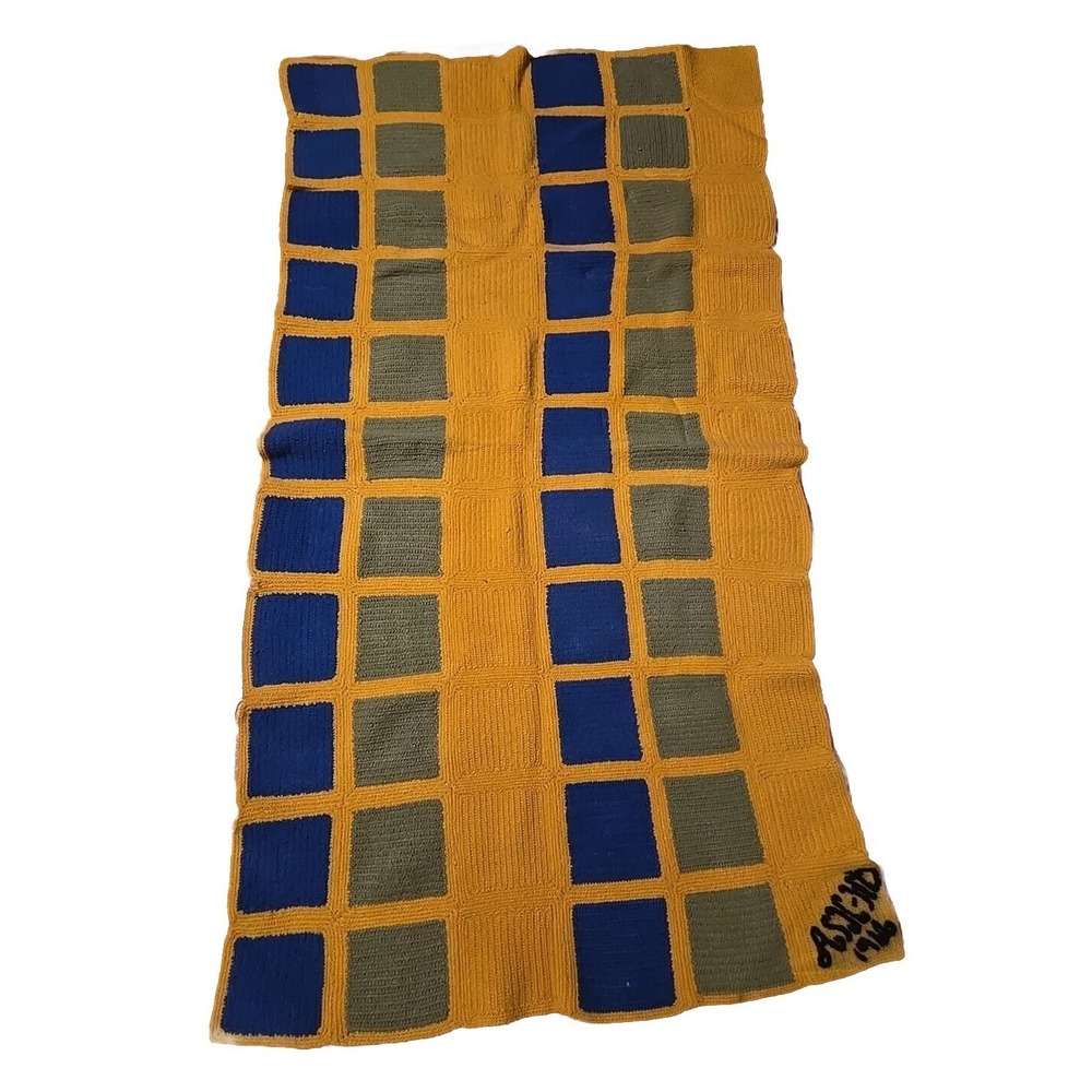 Vintage Crochet‎ Afghan Throw Blanket Handmade 65x36 Yellow Blue Green 1966